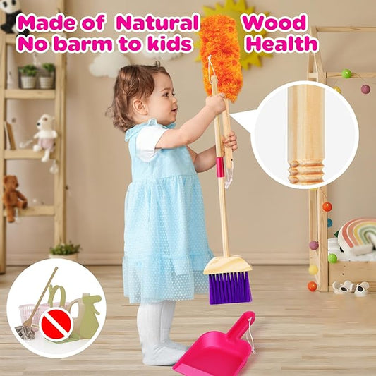 Wooden Toy Cleaning Set ,8Pcs Kids Cleaning Set, Includes Broom, Dustpan, Brush, Mop, Duster, Sponge, Rag and Hanging Stand, Pretend Play Children House Cleaning Toys for Toddlers