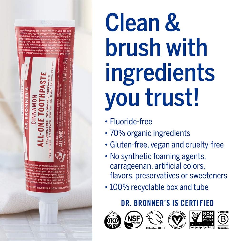 Dr. Bronner’s All-One Toothpaste– Cinnamon, 5 oz, 3-Pack– Fluoride-Free Toothpaste for Adults, SLS-Free, 70% Organic & Natural Ingredients, Vegan, Helps Freshen Breath, Reduce Plaque, Whiten Teeth