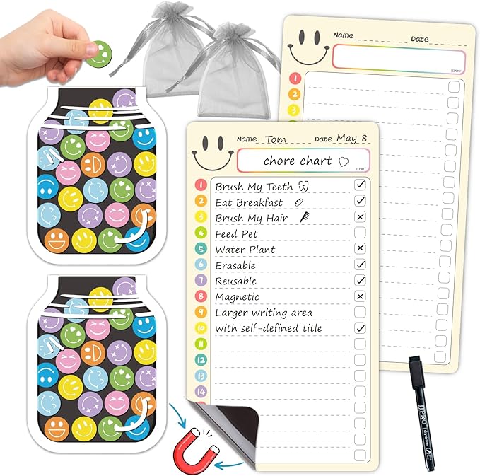 JJPRO Magnetic Dry Erase List Boards for Kids with Smiley Faces Reward Jar- 10" x5.5“ Home Reward Chart for Toddlers,Daily Checklist for Fridge,Reward Chart Positive Behavior Training -Yellow 2Pcs