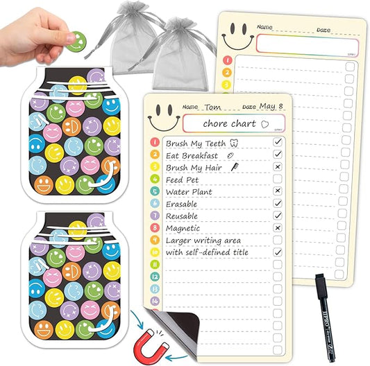 JJPRO Magnetic Dry Erase List Boards for Kids with Smiley Faces Reward Jar- 10" x5.5“ Home Reward Chart for Toddlers,Daily Checklist for Fridge,Reward Chart Positive Behavior Training -Yellow 2Pcs