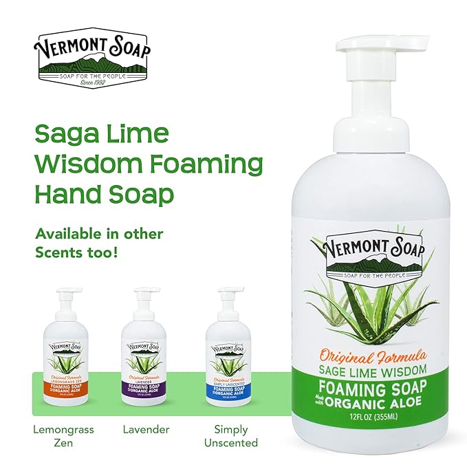 VERMONT SOAP Organic Sage Lime Wisdom Foaming Hand Soap - Natural Moisturizing Soap for Dry Skin - Fragrance Free Liquid Bathroom Hand Soap Dispenser - Sage Lime Wisdom - 12 oz