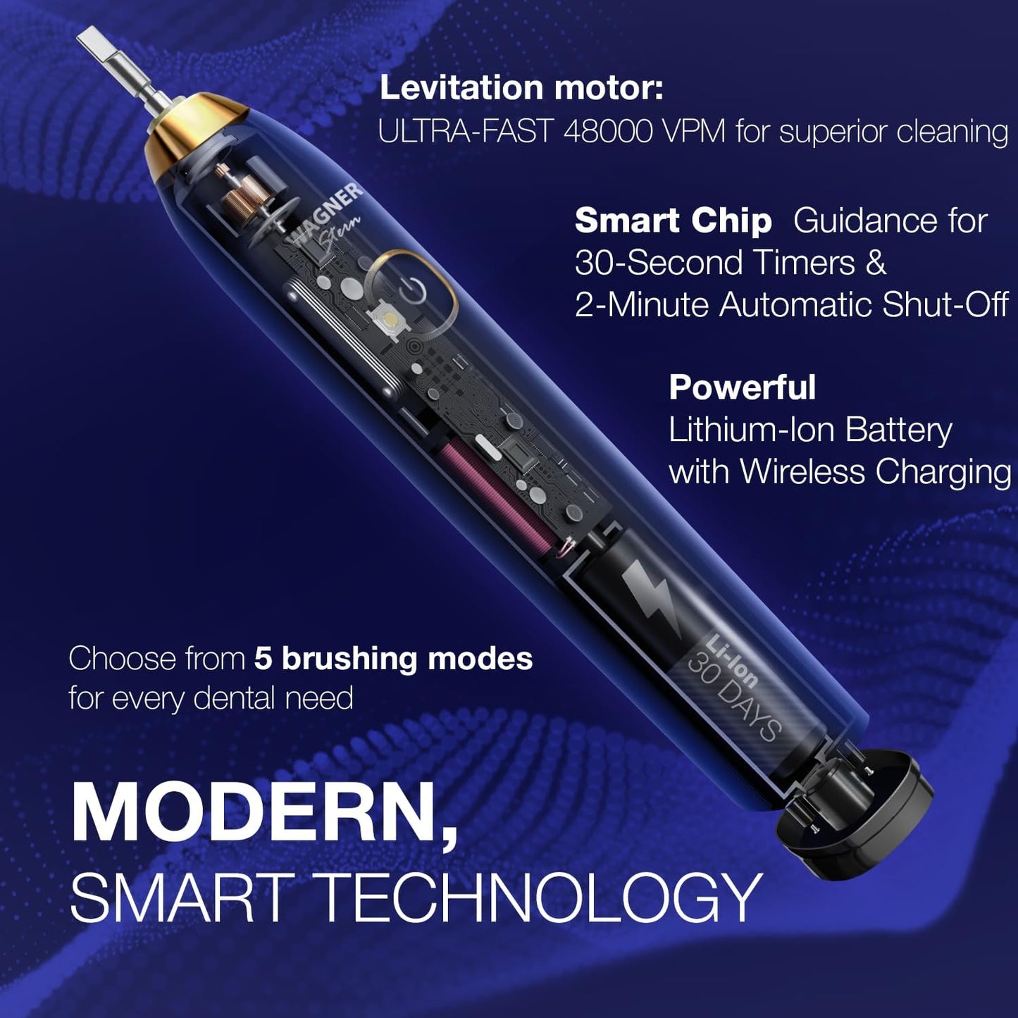 Wagner Stern The Sapphire Blue Edition ultrasonic whitening Electric Toothbrush Features Five Brushing Modes, Eight Soft Brush Heads, and a Premium Travel case.