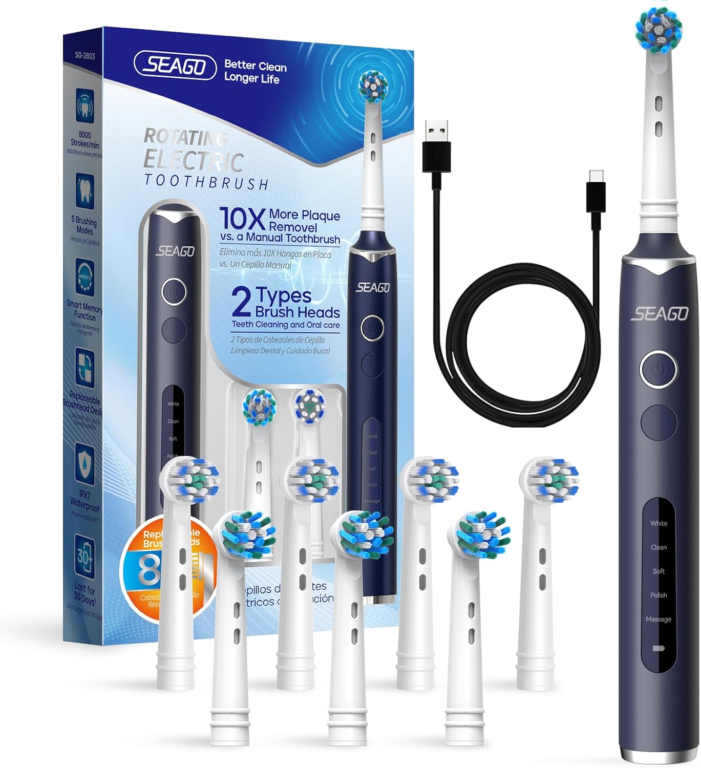 SEAGO Rotating Electric Toothbrush with 8 Round Brush Heads, with 5 Cleaning Modes, Sonic Technology Whitening Teeth in 14 Days, for Adult and Kids, SG-2603 (Blue)