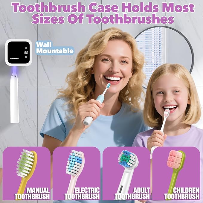 Toothbrush Sanitizer Case and Holders, DRMXBU Wall Mounted Toothbrush Holder with LED Screen, Rechargeable Travel Toothbrush Cleaner Case with Light Air Dry, Tooth Brush Covers for Bathrooms (White)