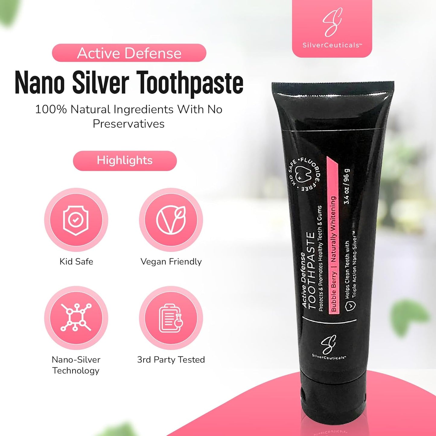 Colloidal Silver Toothpaste w/Coral Calcium & Xylitol - Bubble Berry - Remineralize Tooth Enamel - SLS & Fluoride Free Cavity Protection - Gum Health - Bad Breathe - Gingivitis - Mild Flavor - 3.4oz