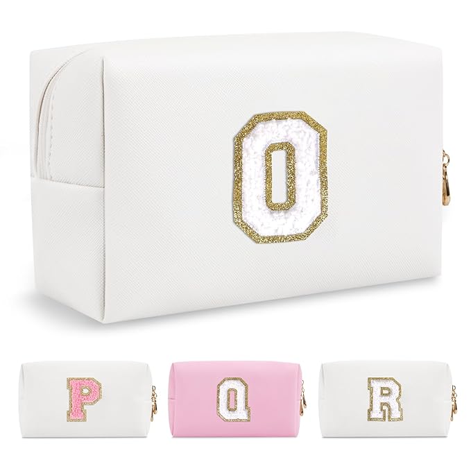 Small Personalized Initial A-Z Preppy Patch Makeup Bag,White PU Chenille Letter Travel Cosmetic Pouch with Zipper,Cute Toiletry Bag,Gift Ideal for Teen Girls Women Teacher Bridesmaid,Letter O