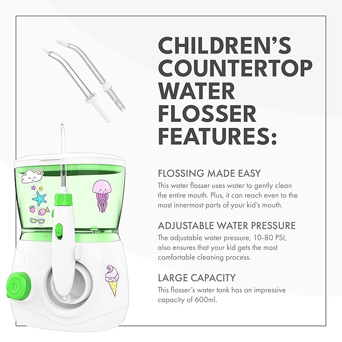 ToiletTree Products Children's Countertop Water Flosser - Dental Oral Irrigator for Kids - BPA-Free Dental Water Flosser with 600mL Capacity and Adjustable Water Pressure - Green