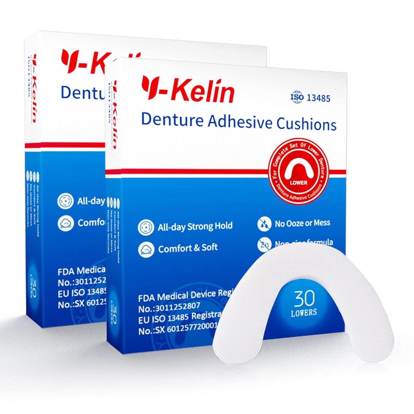 Y-Kelin Lower Denture Adhesive Cushions, Adhesive-Free Denture Pads for Sore Gums, 30 Pads*2 (60 Strips)