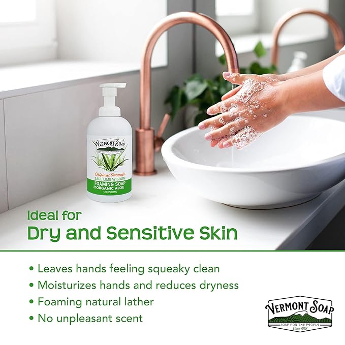 VERMONT SOAP Organic Sage Lime Wisdom Foaming Hand Soap - Natural Moisturizing Soap for Dry Skin - Fragrance Free Liquid Bathroom Hand Soap Dispenser - Sage Lime Wisdom - 12 oz