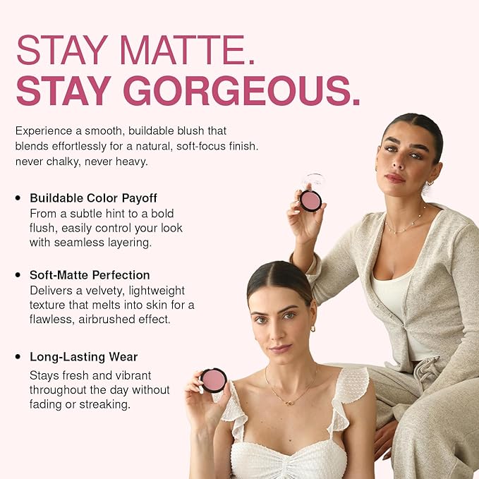 Palladio Matte Blush, Brushes onto Cheeks Smoothly, Soft Matte Look and Even Finish, Flawless Velvety Coverage, Effortless Blending Makeup, Flatters the Face, Convenient Compact, Tipsy