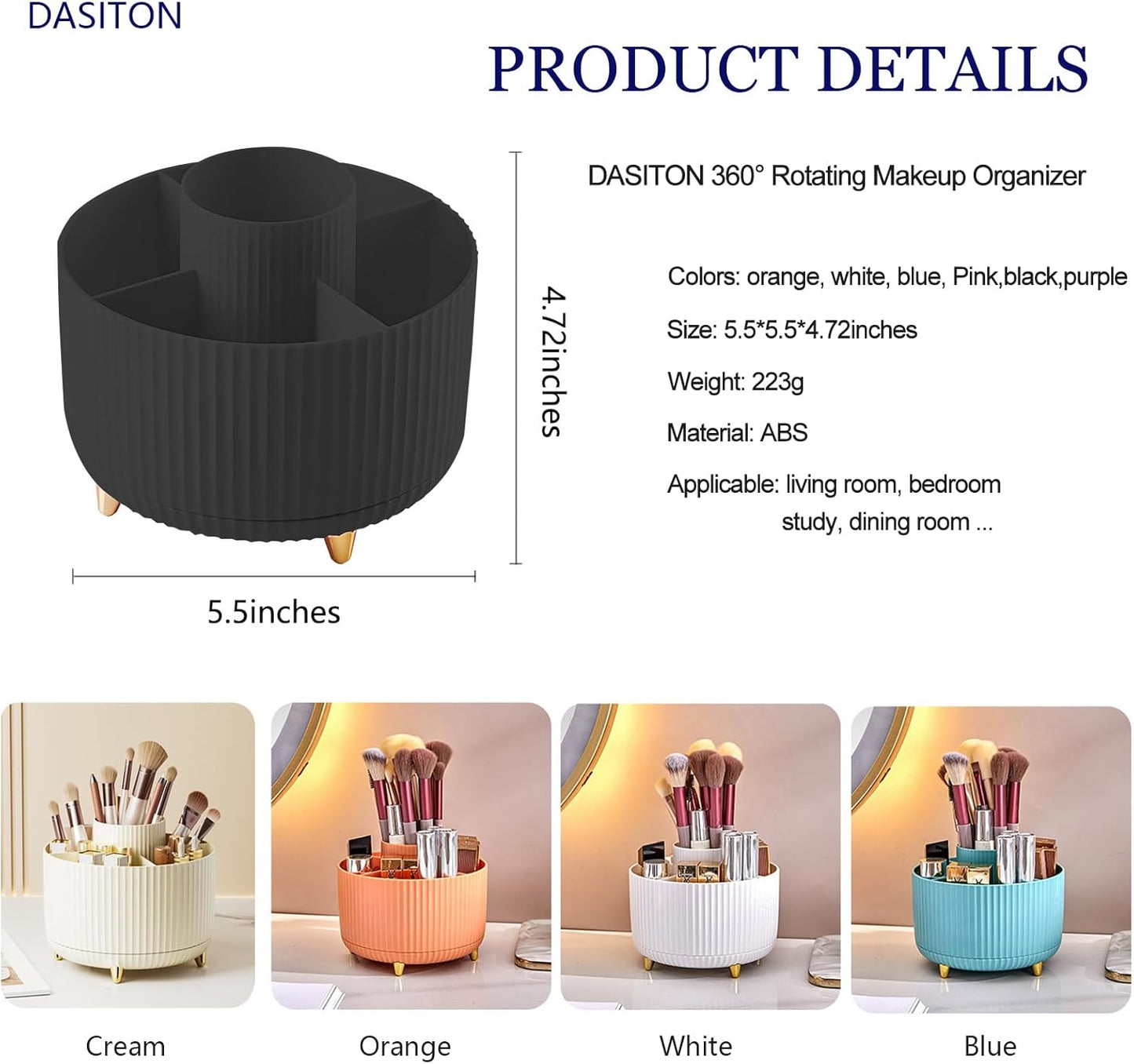 DASITON Large Capacity Makeup Brush Holder,360° Rotating Makeup Organizer,5 Slot Makeup Brushes Cup,for Vanity Decor,Bathroom Countertops,Desk Storage Container,Cosmetic Display cases(Black)
