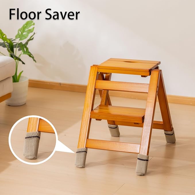 Latifolia Foldable 2 Step Stool, Wooden Step Stool with Floor Saver, Decorative Ladder Shelf for Living Room, Kitchen, Garden(Walnut)