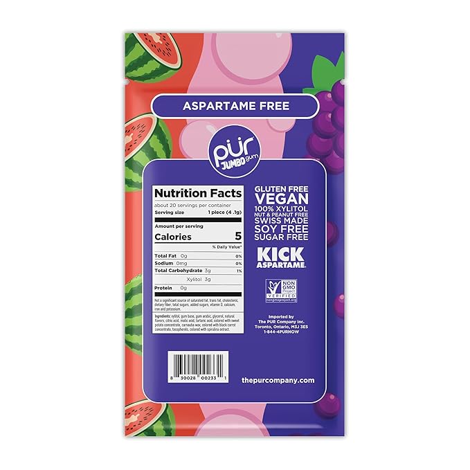 PUR Jumbo Gum | Aspartame Free Chewing Gum | 100% Xylitol | Natural Bubblegum, Grape, Watermelon Flavor, 20 Pieces (Pack of 3)