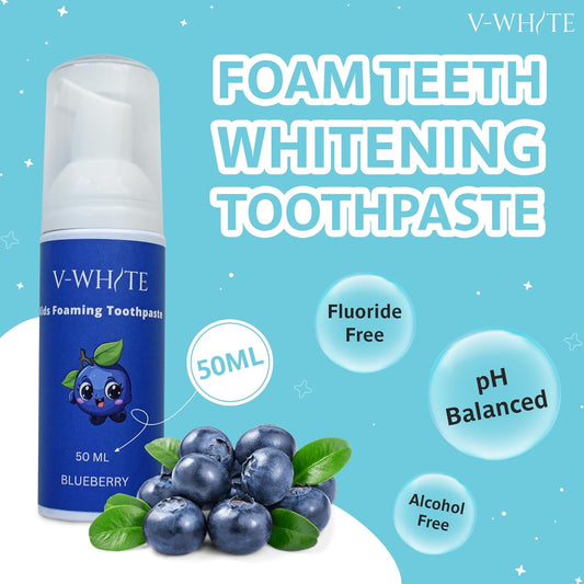 V-White Foam Teeth Whitening Toothpaste - Organic Toothpaste Fluoride Free, Alcohol Free, pH Balanced - Deep Cleansing, Stain Removal, Travel Friendly, for Kids & Adults (Large, Blueberry)