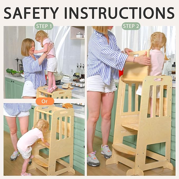 WINGYZ Toddler Kitchen Stool – Adjustable Helper Tower for Kids with Safety Rail, Wooden Standing Step-Up Stool, Sliding Door & Stable Base, Natural Wood
