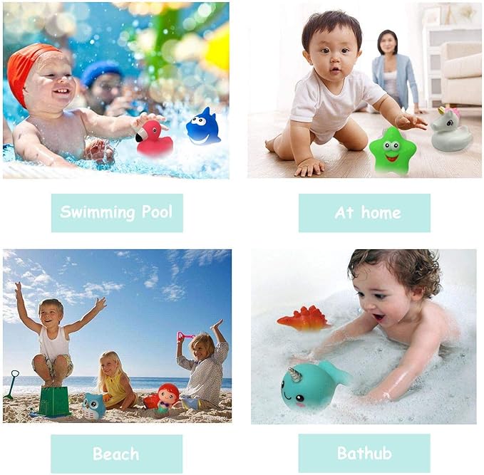 Bath Toys (8 Packs Rubber Animals Toys) Light Up Floating Rubber Toys Flashing Color Changing Light in Water Bathtub Shower Games Toy for Baby Kids Toddler Child