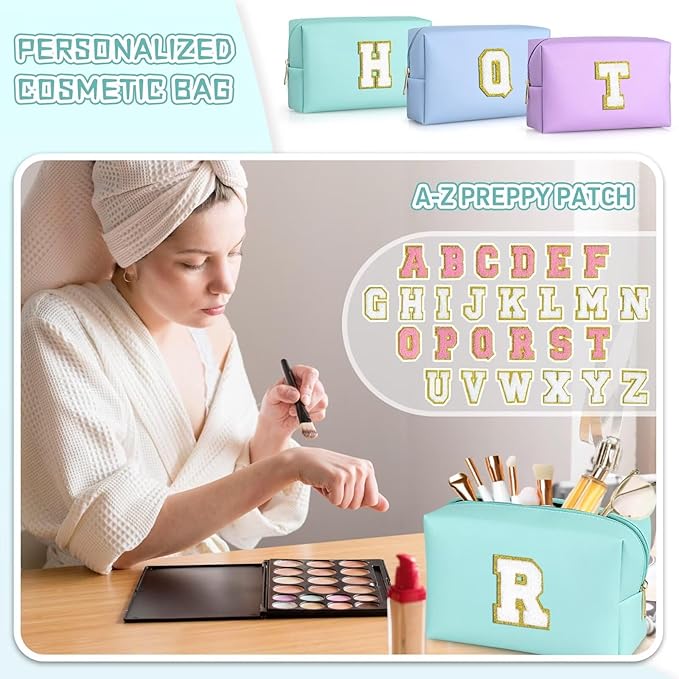 TOPEAST Cosmetic Travel Bags for Women, Preppy Small Makeup Bag, PU Leather Waterproof Toiletry Bag, Unique Friendship Gifts for Friends Coworker, Cute Stuff for Girls (Blue R)