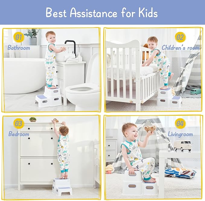 Forbena Kids Step Stool for Bathroom, Two Stepping Stool for Toddlers Toilet Potty Training, Sturdy Children Plastic Step Stool for Bed Bathroom Kitchen Counter Sink (White-Blue)