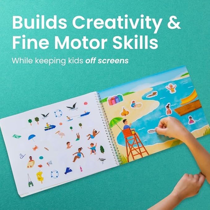 CUPKIN Sticker Book for Kids 2-4, 500+ Kids Stickers, Beach Day 12 Coloring Pages 12 Side by Side Scenes, Fun Toddler Travel Activity Coloring and Sticker Books for Children Ages 4-8 + 8-10