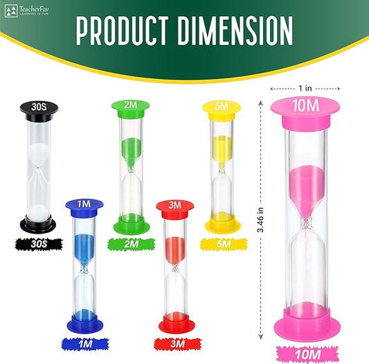 Sand Timer for Kids Set of 6 Small Colorful Hourglass Acrylic Covered Clock 30Sec 1Min 2Min 3Min 5Min 10Min for Classroom, Home & Kids Room