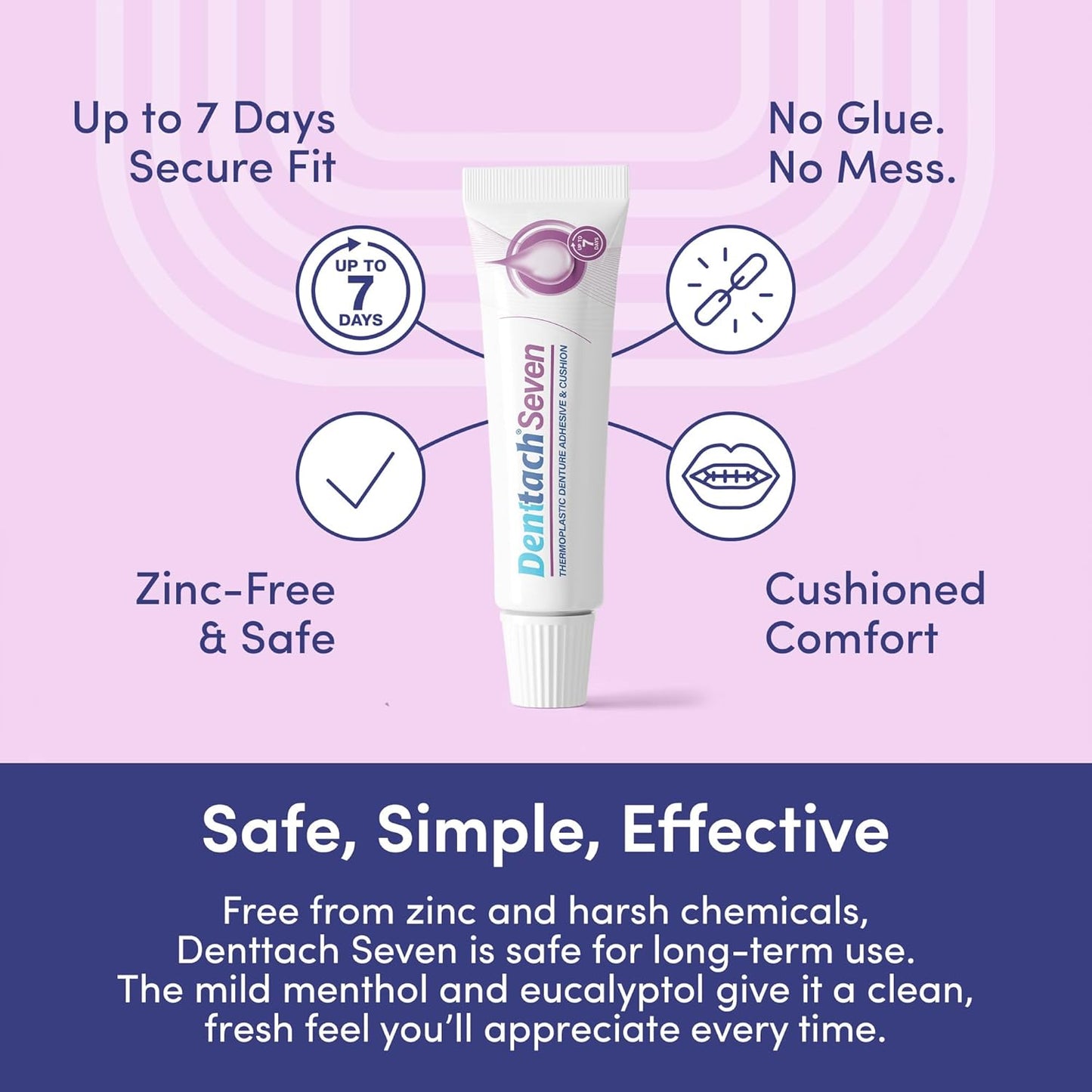 Denttach Seven Denture Adhesive, Thermoplastic Denture Cushion and Reliner, Upper and Lower Denture Comfort for Up to 7 Days, Zero Glue, Zinc Free (4)