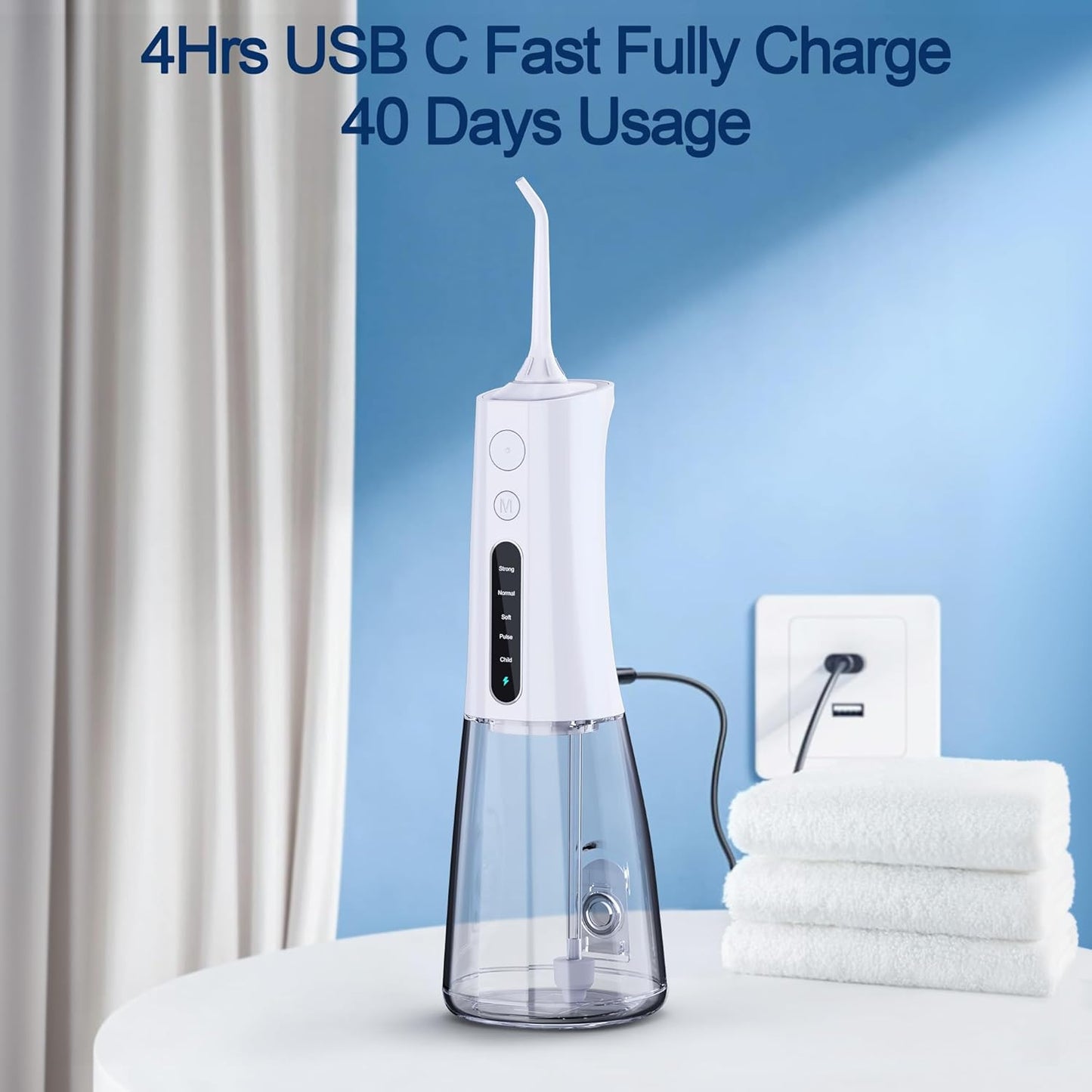 Water Dental Flosser OLED Display Cordless Teeth Cleaning MOCEL 5 Modes Oral Irrigator 300ML Portable and USB C Rechargeable IPX7 Waterproof Floss Teeth Pick (White)