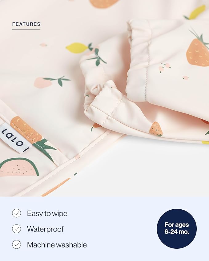 Lalo Smock Bib - Long Sleeve Bib for Infants and Toddlers - Elastic Cuffs, Large Catch-All Pocket, Waterproof Recycled Polyester - Easy to Clean for Mealtime - Fruit Print Grapefruit Infant