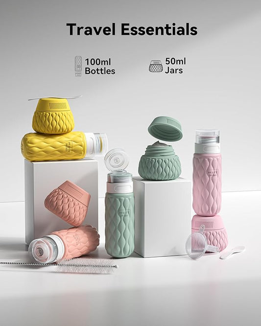 Silicone Travel Bottles for Toiletries 8 Pack Travel Size Toiletries 3.4 oz 1.7 oz, Leakproof Squeeze Travel Size Containers Refillable Cosmetic Jars Set for Shampoo, Conditioner, Creams