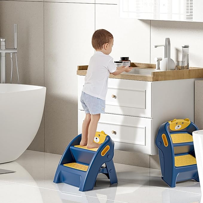 TPN Toddler Step Stool for Bathroom Sink and Potty Training Durable Anti-Slip,Anti-Tip A-Frame,10-Second Assembly, 2-Step Potty Stool with Wide Steps (Navy Blue)