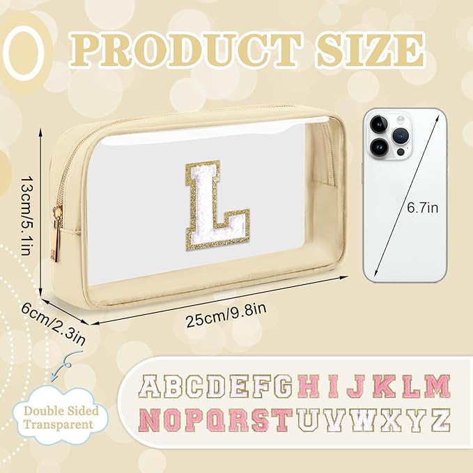 Small Clear Personalized Initial Makeup Bag,Nylon Preppy A-Z Chenille Letter Patch Cosmetic Pouch Beach Toiletry Bag,Waterproof Zipper Travel Purse Storage Bag Organizer for Women Girls(Beige-White L)
