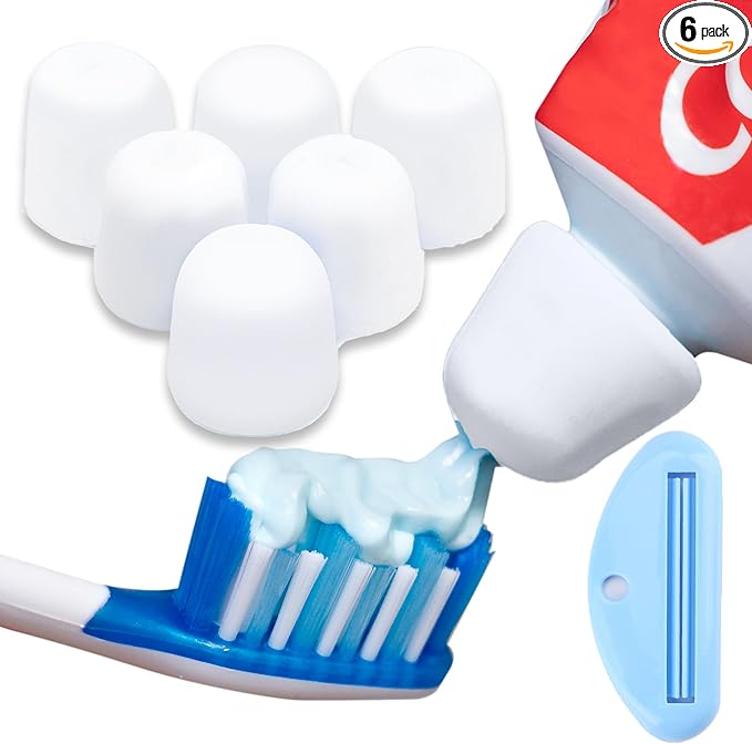 Self Closing Toothpaste Caps 6-Pack by Tilcare - No Waste Cap Dispensers for Adult and Kids Bathroom - Mess-Free Toothpaste Lids - Easy to Use, Food Grade Silicone and BPA-Free Toppers - All White