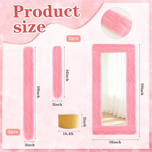 Fluffy Full Length Mirror Cover Universal Ultra Soft Non-Slip Border with Adhesive Tape Pink Fuzzy Frame Decor for Standing Mirror Bedroom Cloakroom Home Decor Women Gifts (pink, 59x16 inches)