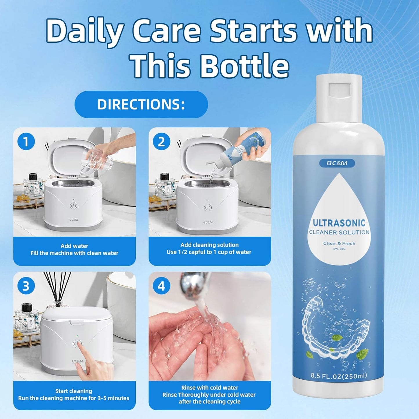 BCOM Ultrasonic Retainer Cleaner Solution, Jewelry Cleaner Solution Deep Clean for Retainer, Mouthguards, Night Guards, Aligners and Jewelry Ring, Odor Stain Remover for Cleaner 8.5 oz,2 Pack