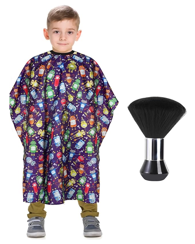 Kids Barber Cape with Neck Duster Brush, Professional Salon Hair Cutting Cape with Adjustable Snap Closure(Cartoon Robot)