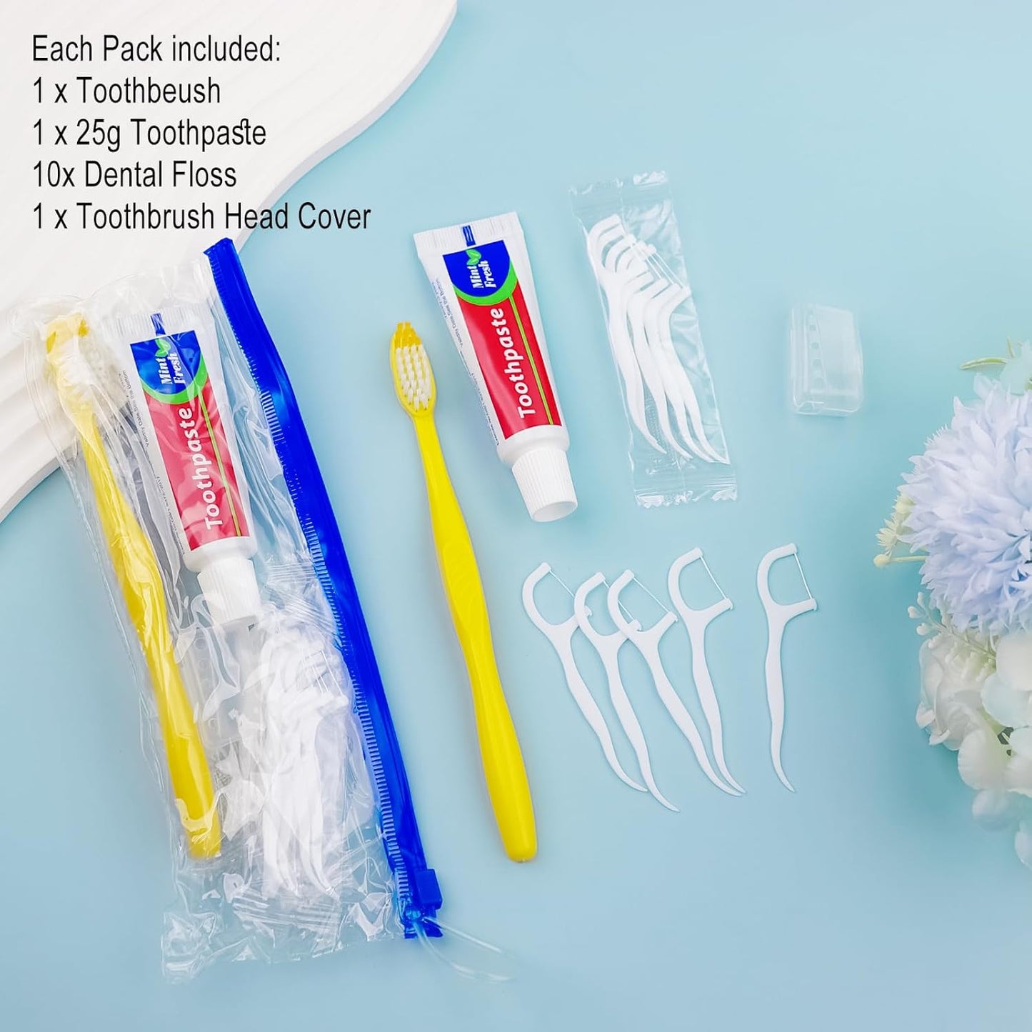 30 pcs Disposable Toothbrushes with Toothpaste and Floss Set,Yellow Individually Wrapped Bulk Single Use Toothbrush Floss Cover Travel Toothbrushes Kit with Zip Bag for Homeless,Hotel,Guest