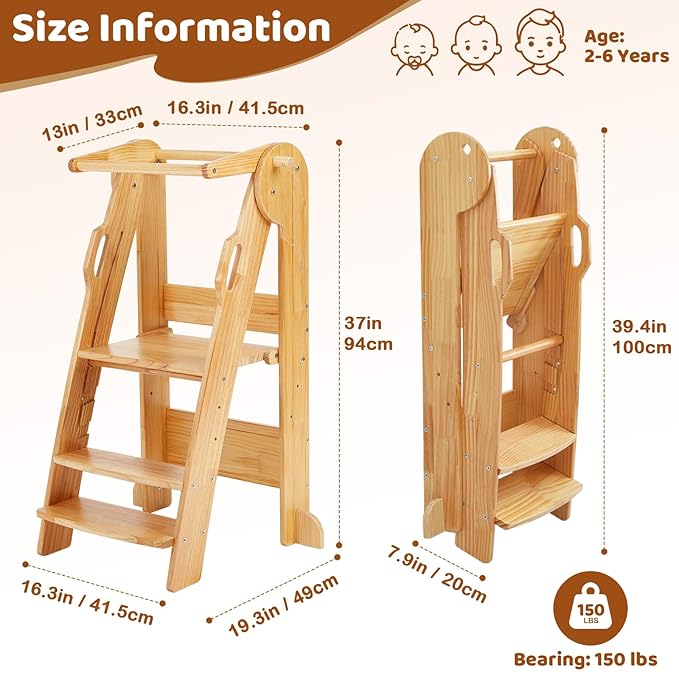 FUNLIO Foldable Kitchen Step Stool, Montessori Step Stool for Kids 2-6 Years, 3-Level Height Adjustable Standing Tower, CPC & CE, Easy to Assemble, Natural