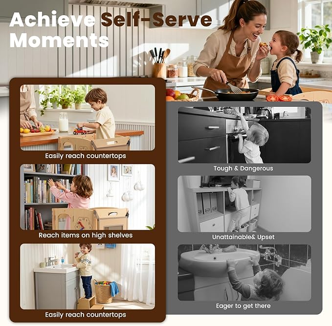 Toddler Tower Foldable Toddler Kitchen Stool Helper with 2 Step Stool, Safety Net, Adjustable Height, Chalk-Whiteboard& Montessori Activity