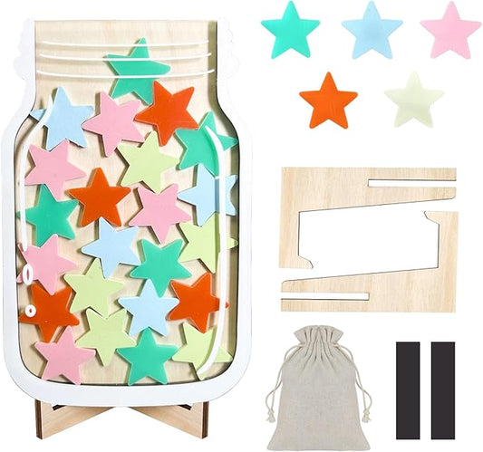 Reward Jar for Kids – Magnetic Wooden Behavior Chart and Incentive Jar with 25 Tokens, Stickers, Stand & Magnet – Positive Reinforcement Tool for Home, Toddlers or Classroom (Star – V2)