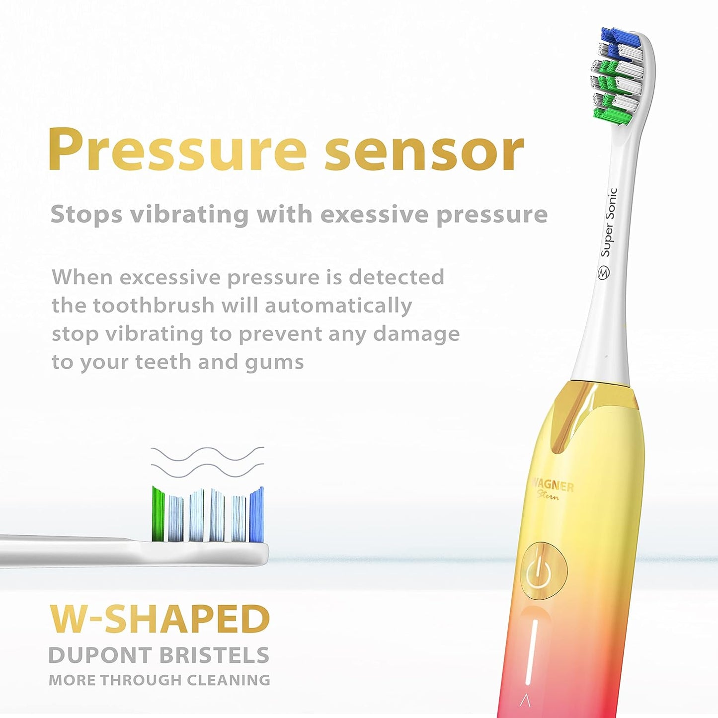 Wagner Stern Ultrasonic whitening Toothbrush with Pressure Sensor. 5 Brushing Modes and 4 Levels of Intensity, 8 Soft bristles, Travel case.