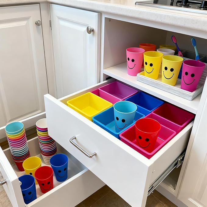 Plastic Cups Set for Kids Kitchen Drinking & Toothbrush Rinse, 260ml Reusable Colored Unbreakable Smiling Face Bathoom Mouthwash Tumbler Brushes, Kids Speed Training Stackable Cup