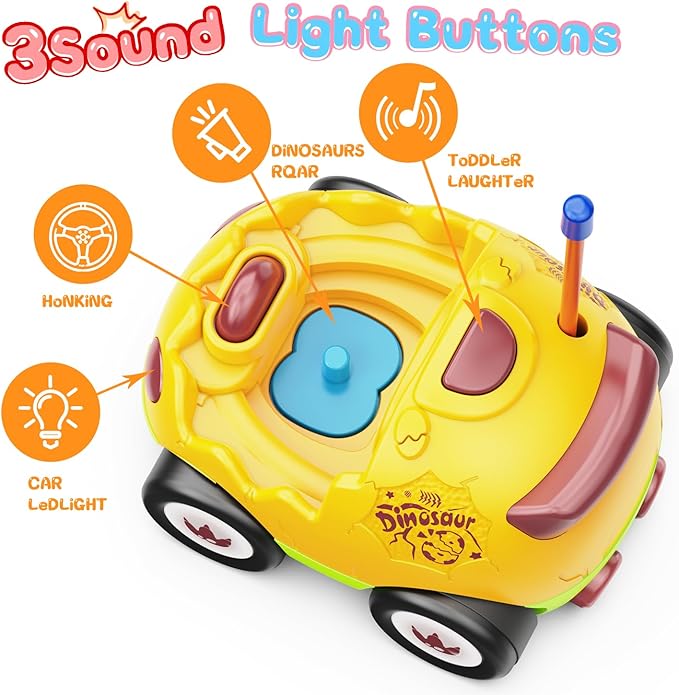 2 Pack Dinosaur Toys for Toddlers 2 3 4 5 6 Years Old - Remote Control Cars RC Cars with Music, Lights and Sound Effect, Birthday Toys for Boys Kids(Yellow Green)