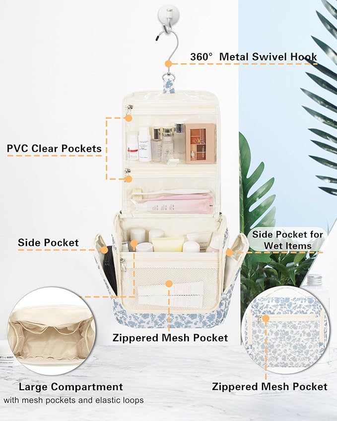 Relavel Hanging Toiletry Bag for Women Travel Makeup Bag Cosmetic Organizer Toiletries Bag for Travel Size Essentials Accessories Shower Caddy Bag for Bathroom Beach Gym, Floral Print