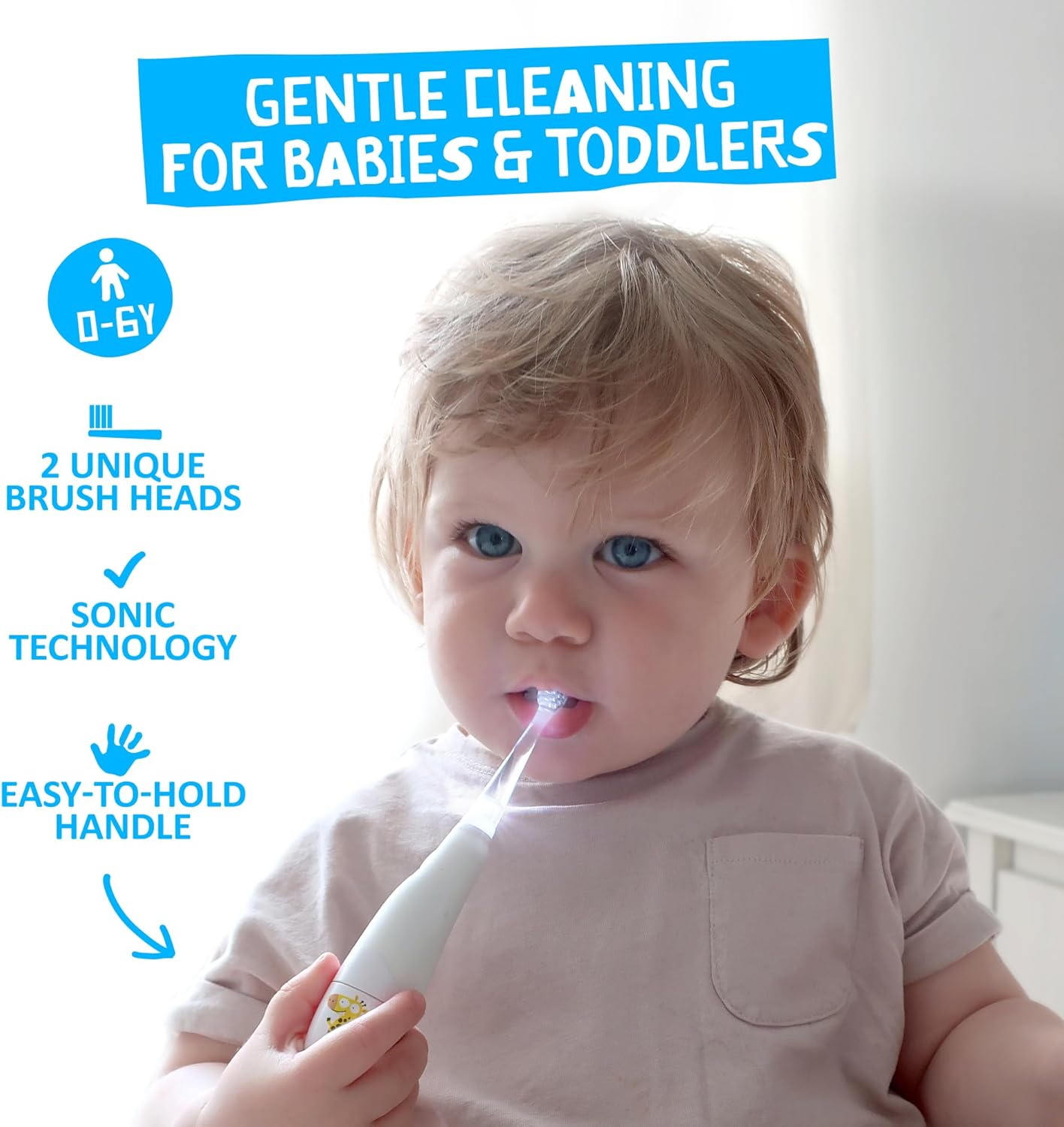 Jack N' Jill Tickle Tooth Toddler Electric Toothbrush with Replacement Head - Gentle Cleaning, Made for Tiny Teeth, LED Inspection Light, for Babies & Kids, Extra Soft Bristles - (1 Pack)