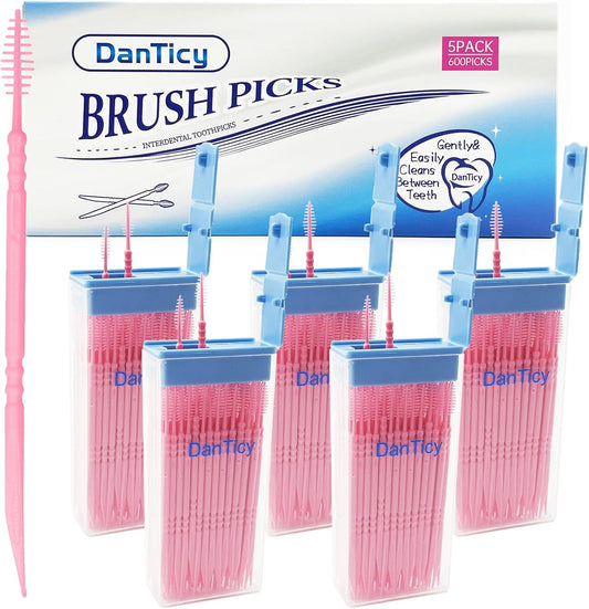 Brushpicks Interdental Toothpicks,Soft Bristle Dental Floss Picks Toothpicks,Helps Removes Plaque and Debris Between Your Teeth 600PCS (Pack of 5) Strawberry