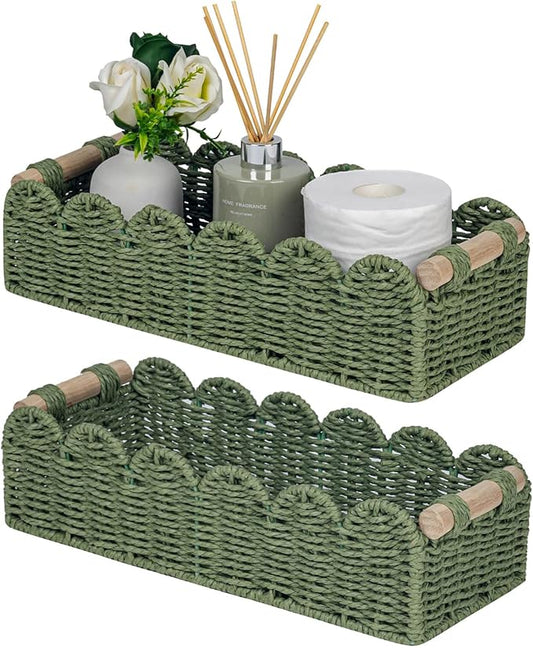 CubesLand Scalloped Decor Basket for Living Room, Home, Bathroom, 2SAME SIZE Paper Rope Basket, Toilet Storage Baskets for Over Toilet Storage Shelf, Cozy Woven Basket Both Storage&Decor, Green