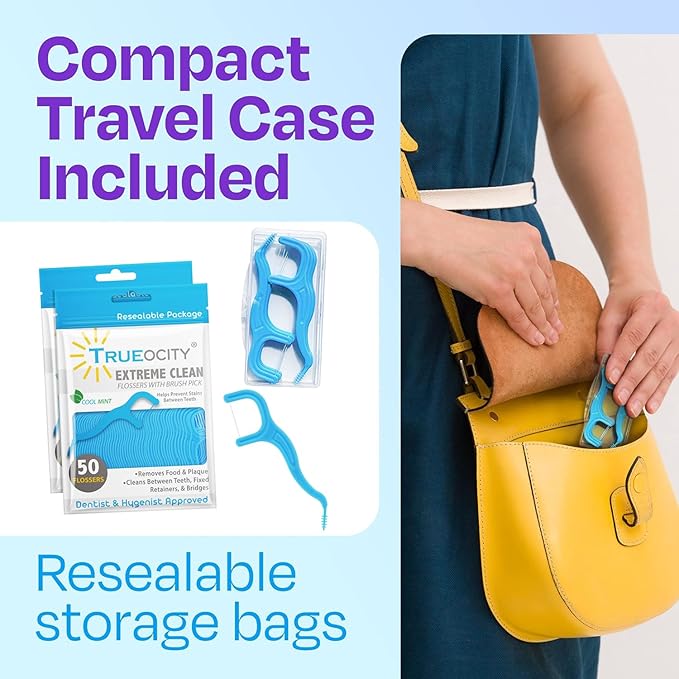 Trueocity Dental Flossers Brush Picks 2 Pack w/Travel Case (100 Total Count), Dental Floss Glides Easy, Flosser Helps Prevent Tooth Decay & Gum Disease, Easy Grip, Flossers for Adults, Mint Flavored