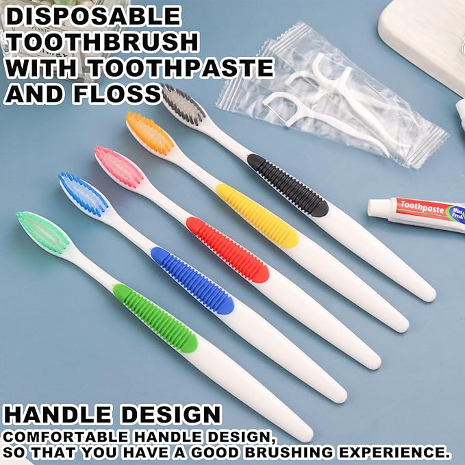 Disposable Toothbrushes with Toothpaste and Floss,50pcs Single Use Individually Wrapped Disposable Travel Toothbrushes and Dental Floss Kit Bulk for Homeless,Airbnb,Dentist,Hotel(5 Colors)