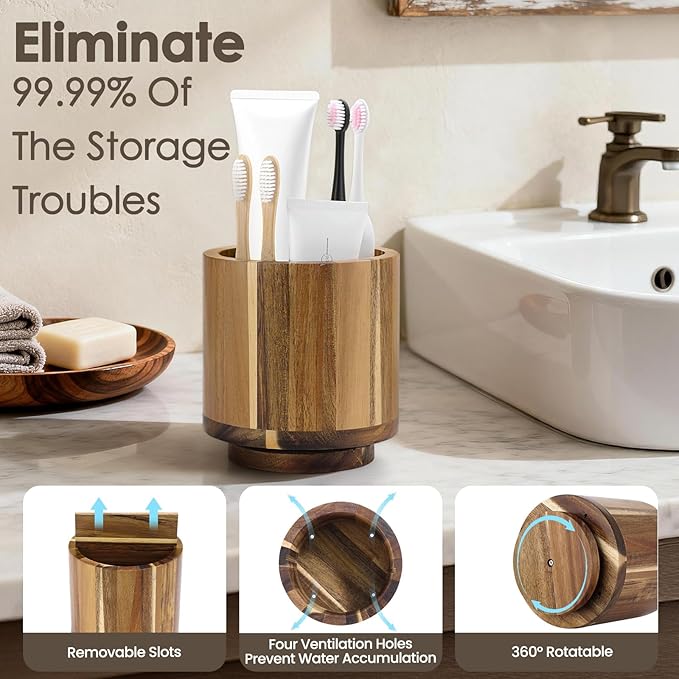 Toothbrush Holders for Bathrooms,Toothbrush Cup,Wooden Bathroom Cup with Rotation,Bathroom Counter Organizer with Vent Hole,Desk Organizer,For Electric Toothbrush,Toothpaste,Water Flosser,Razor