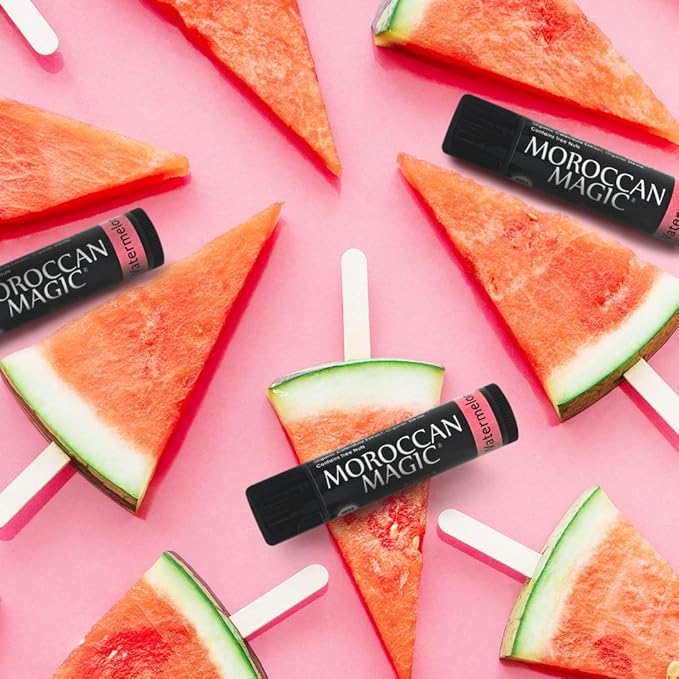 Moroccan Magic Organic Watermelon Lip Balm 3 Pack | Ultra-Hydrating Argan & Essential Oil Lip Moisturizer + Vitamin E | Natural Chapstick for Dry Lips | Smooth, Non-Toxic | Organic Lip Balm