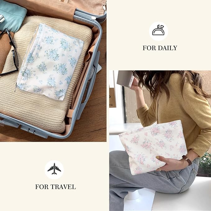 STARDW Aesthetic Floral Makeup Bag Cute Small Cosmetic Bags for Women Girls, Travel Toiletry Bag Large Capacity Zipper Makeup Pouch, Purse Organizer Pouches (Flowers Blue)